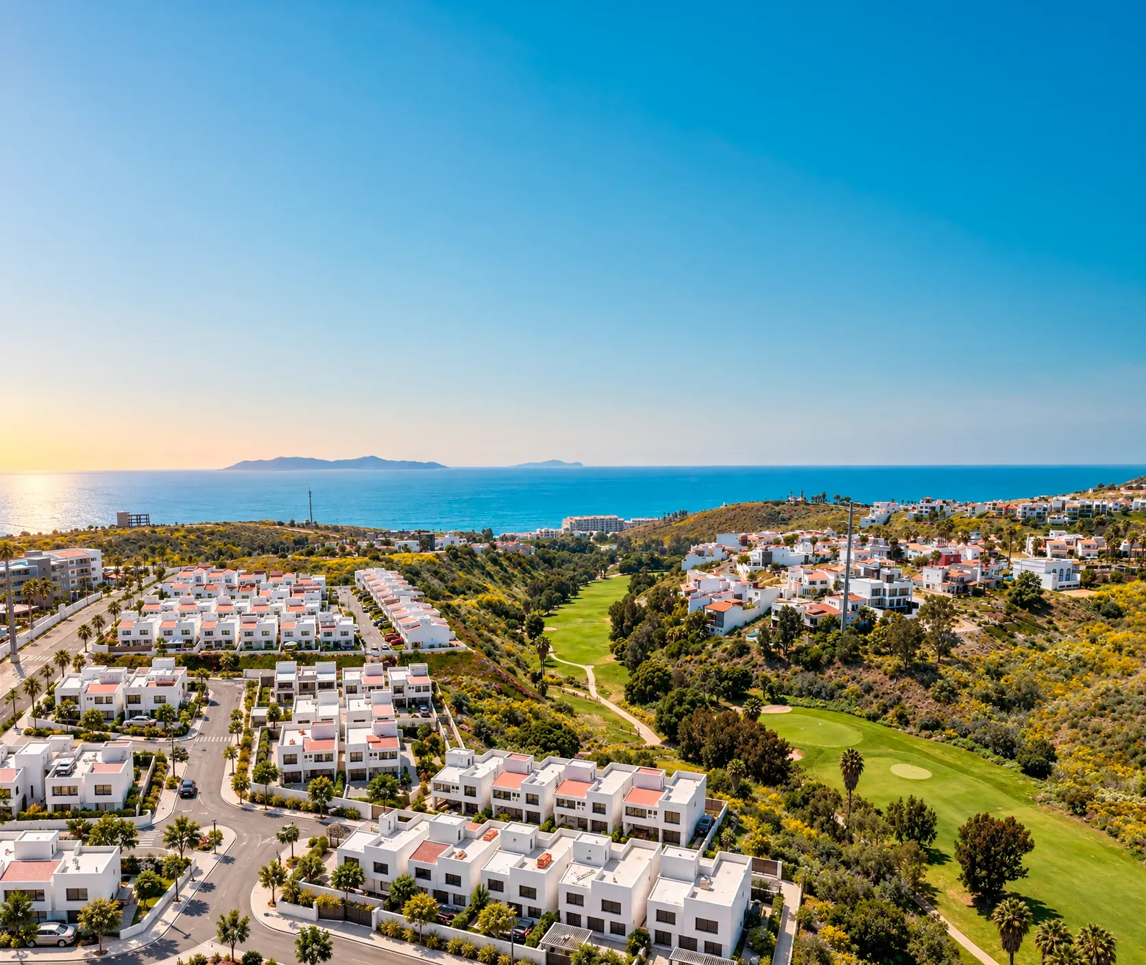 Vista aérea de Real del Mar con el campo de golf y el océano Pacífico